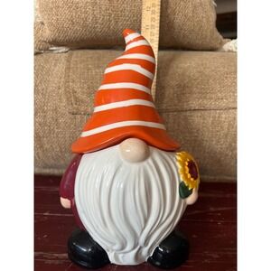 Houseful Gnome Cookie Jar Ceramic Sunflower Hat Orange White Fall Decor